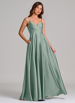 Azazie Amani Bridesmaid Dresses Silver Sage A-Line Pleated Stretch Satin Dress image4