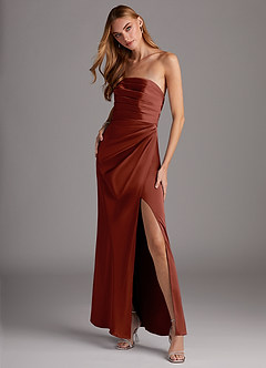 Azazie Lexie Vestidos de damas de honor Vestido de Terracota de Satén Elástico de Corte Recto Convertible con Sin tirantes image3