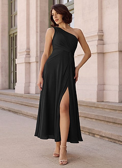 Azazie Brooke 신부 들러리 드레스 A라인 한쪽 어깨 쉬폰 발목 길이 드레스 image2