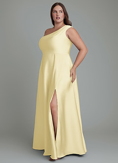 Azazie Melanie Bridesmaid Dresses Lemon Sorbet A-Line Off the Shoulder Stretch Satin Dress image11