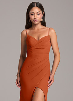 Azazie Yola Bridesmaid Dresses Burnt Orange Sheath Pleated Chiffon Convertible Dress image2