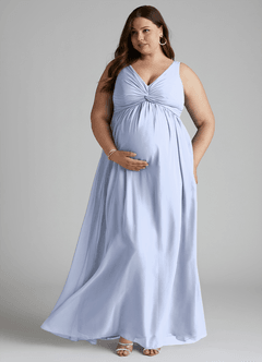 Azazie Yetta Maternity Bridesmaid Dresses A-Line V-Neck Gathered Chiffon Floor-Length Dress image7