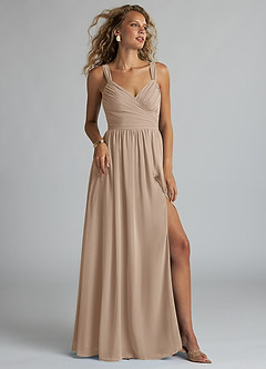 Azazie Aziza Bridesmaid Dresses Taupe A-Line V-Neck Pleated Chiffon Dress image1