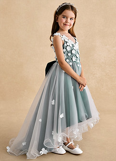 Azazie Celia Flower Girl Dresses Pine A-Line Lace Tulle Dress image3