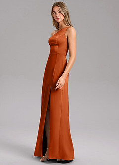 Azazie Feby Vestidos de damas de honor Vestido de Naranja Quemada de Satén Elástico de Corte en A con Hombro unilateral image4