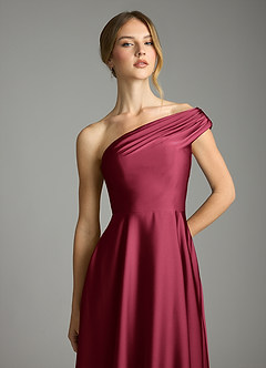 Azazie Melanie Bridesmaid Dresses Burgundy A-Line Off the Shoulder Stretch Satin Dress image6