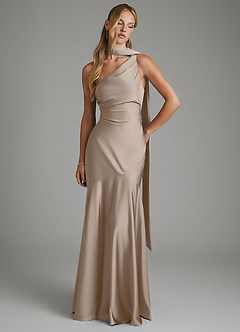 Azazie Amara Vestidos de damas de honor Vestido Gris Pardo de Satén Elástico de Corte Sirena con Un hombro image3