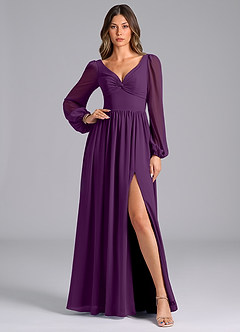 Azazie Zeya Bridesmaid Dresses Grape A-Line Long Sleeve Chiffon Dress image1