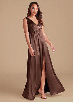 Azazie Tanicia Brautjungfernkleider A-Linie Plissee Metallischer Satin Kleid Espresso image4
