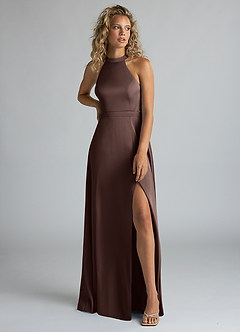 Azazie Clarice Bridesmaid Dresses Ganache A-Line High Neck Stretch Satin Dress image5
