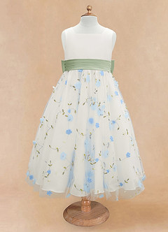 Azazie Pollie Blumenmädchenkleider A-Linie Schleifen Tüll Kleid Himmelblau Staubsalbei image11