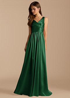 Azazie Keyla Bridesmaid Dresses Dark Green A-Line Pleated Metallic Satin Dress image3