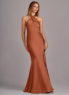 Azazie Lorena Robes de demoiselle d'honneur Robe Sirène en Satin extensible Plissée Rose De Cèdre image3