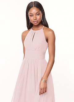 Azazie Bonnie Robes de demoiselle d'honneur Robe Trapèze en Mousseline de soie Trou de serrure froncé Rose Pâle image5