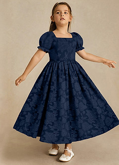 Azazie Joss Flower Girl Dresses Dark Navy A-Line with Sleeves Floral Burnout Dress image3