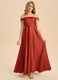 Azazie Sissy Junior Rust A-Line Off the Shoulder Stretch Satin Dress image4