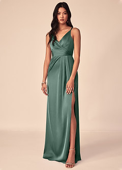 Azazie Aqua Bridesmaid Dresses Eucalyptus A-Line V-Neck Pleated Stretch Satin Dress image1