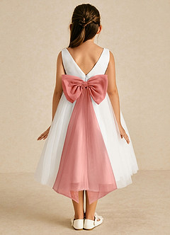 Azazie Kavi Flower Girl Dresses Ivory Salmon Pink A-Line Bow Matte Satin Dress image1
