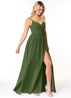 Azazie Rayna Bridesmaid Dresses Olive A-Line V-Neck Pleated Chiffon Dress image4