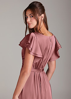 Azazie Daphne Robes de demoiselle d'honneur modestes Robe Trapèze Rayé Longueur ras du sol Satin extensible image2