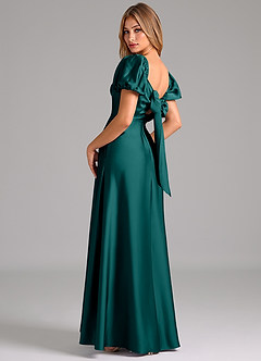 Azazie Fatima 신부 들러리 드레스 A라인 주름진 스트레치 새틴 바닥 길이 드레스 image2