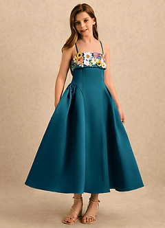 Azazie Gianna Girls Formal Jurken voor bloemenmeisjes A-Lijn Jurk van Mat Satijn Geplooide Inkt Blauw image3