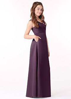 Azazie Sadia Junior Plum A-Line Pleated Stretch Satin Dress image2