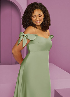 Barbie ♥ Azazie Jurken voor bruidsmeisjes Converteerbaar Jurk van Stretch Satijn met Kolom Off the Shoulder Stoffige Salie image12