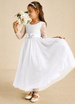 Azazie Mae Flower Girl Dresses Diamond White A-Line Bow Tulle Dress image3