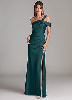 Azazie Wynter Bridesmaid Dresses Pine Sheath Off the Shoulder Stretch Satin Dress image1