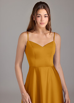 Azazie Marley Bridesmaid Dresses Butterscotch A-Line Off the Shoulder Stretch Satin Convertible Dress image2