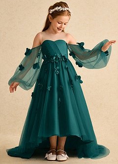 Azazie Karrie Flower Girl Dresses Peacock A-Line with Sleeves Tulle Dress image4