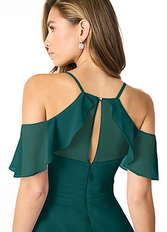 Azazie Dakota Bridesmaid Dresses Peacock A-Line V-Neck Pleated Chiffon Dress image4