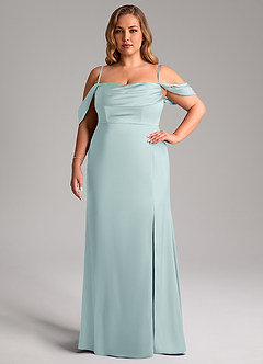 Azazie Saige Bridesmaid Dresses Mist Sheath Off the Shoulder Stretch Satin Dress image15