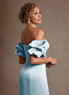 Azazie Redding Mother of the Bride Dresses Sky Blue Sheath Ruched Stretch Satin Dress image7