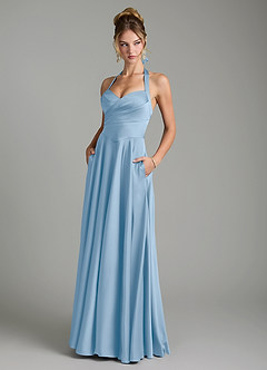 Azazie Tenaya Robes de demoiselle d'honneur Robe Trapèze en Satin extensible Décolleté en cœur Poudre Bleue image1