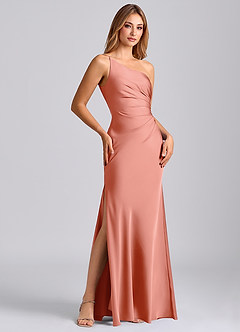 Azazie Marseli Bridesmaid Dresses Coral Mermaid One Shoulder Stretch Satin Dress image4
