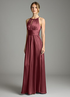 Azazie Bonnie Vestidos de damas de honor Vestido de Merlot de Satén Elástico de Corte en A con Plisado image1