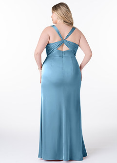 Azazie Mero Bridesmaid Dresses Steel Blue Sheath Pleated Stretch Satin Dress image8