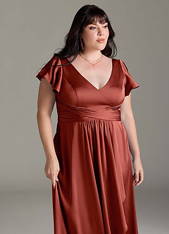 Azazie Omari Vestidos de damas de honor Vestido de Terracota de Satén Elástico de Corte en A image13