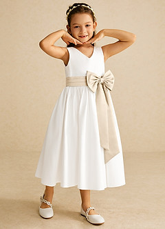 Azazie Darling Flower Girl Dresses Ivory Champagne A-Line Bow Cotton Dress image1