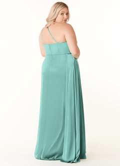 Azazie Maron Bridesmaid Dresses Aqua A-Line One Shoulder Stretch Satin Dress image9