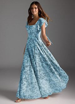 Azazie Bondi Bridesmaid Dresses Blue Fern Floral A-Line Ruffled Chiffon Dress image3