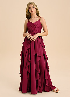 Azazie Peyton Junior Burgundy A-Line Pleated Stretch Satin Dress image4