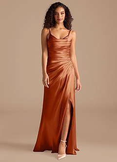 Azazie Deandra Bridesmaid Dresses Auburn Mermaid Pleated Metallic Satin Dress image4