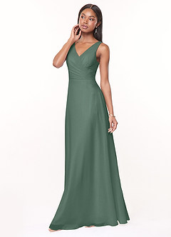 Azazie Nala Abiti da Damigella Abito A-Line in Chiffon Plissettato Muschio Marino image3