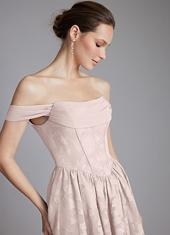 Azazie Raisa Bridesmaid Dresses Blushing Pink A-Line Off the Shoulder Floral Burnout Dress image5