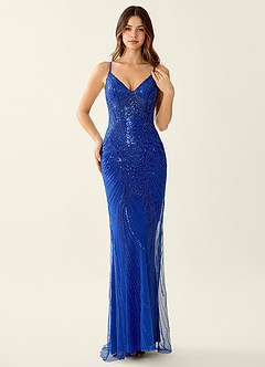 royal blue sequin mermaid dress Azazie 2026 Corset Lace Up Prom Gown Size:AU 16
