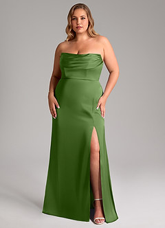 Azazie Saige Vestidos de damas de honor Vestido de Albahaca de Satén Elástico de Corte Recto con Vestidos sin tirantes image11