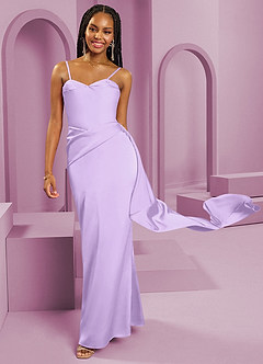 Barbie ♥ Azazie Vestidos de damas de honor Vestido de Lila de Satén Elástico de Corte Recto Convertible con Sin tirantes image3